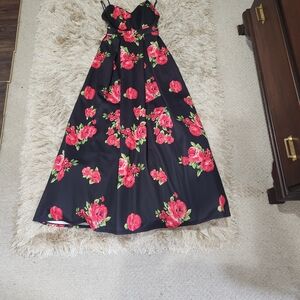 B. Smart Black Prom Gown with Pink Rose Print